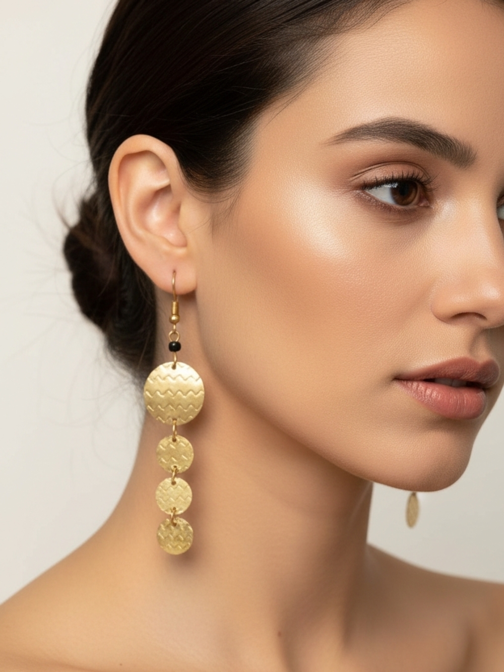 Hammered Gold Disc Drop Earrings with Black Accent - Women Jewelry